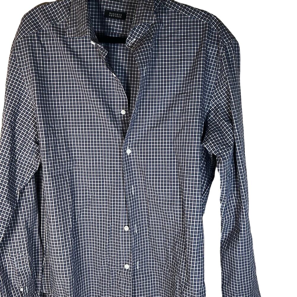 Barneys New York 100% Cotton Large Classic Blue White Checkered Plaid Button up